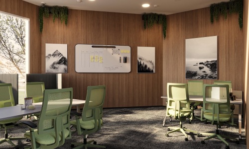 room with large windows and desk