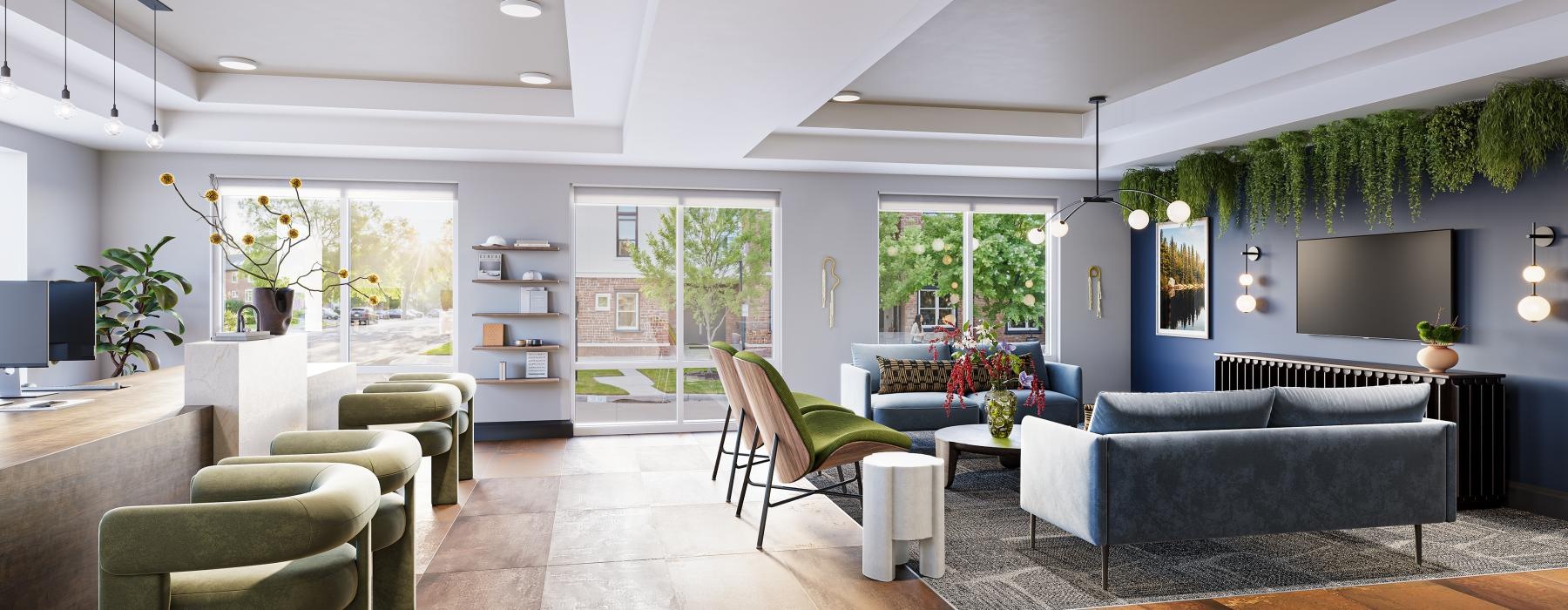 a living room with a large glass wall